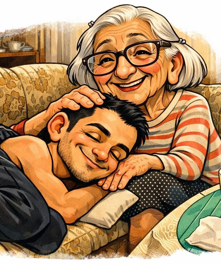 Illustration: Amir und Agnes gemeinsam auf dem Sofa