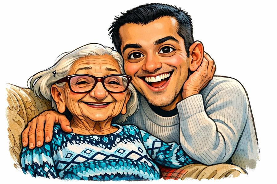 Illustration: Amir und Agnes lachen gemeinsam