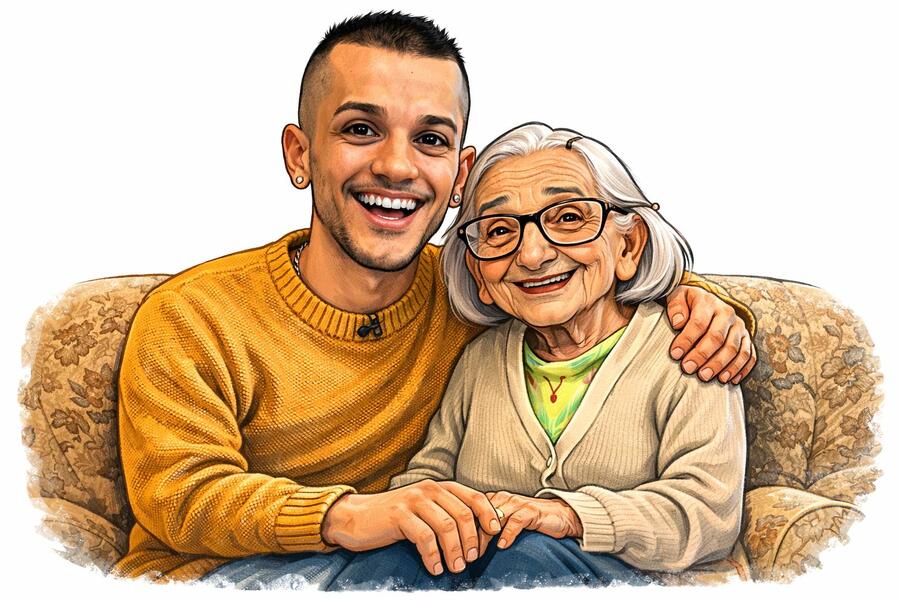 Illustration: Amir und Agnes im Wohnzimmer