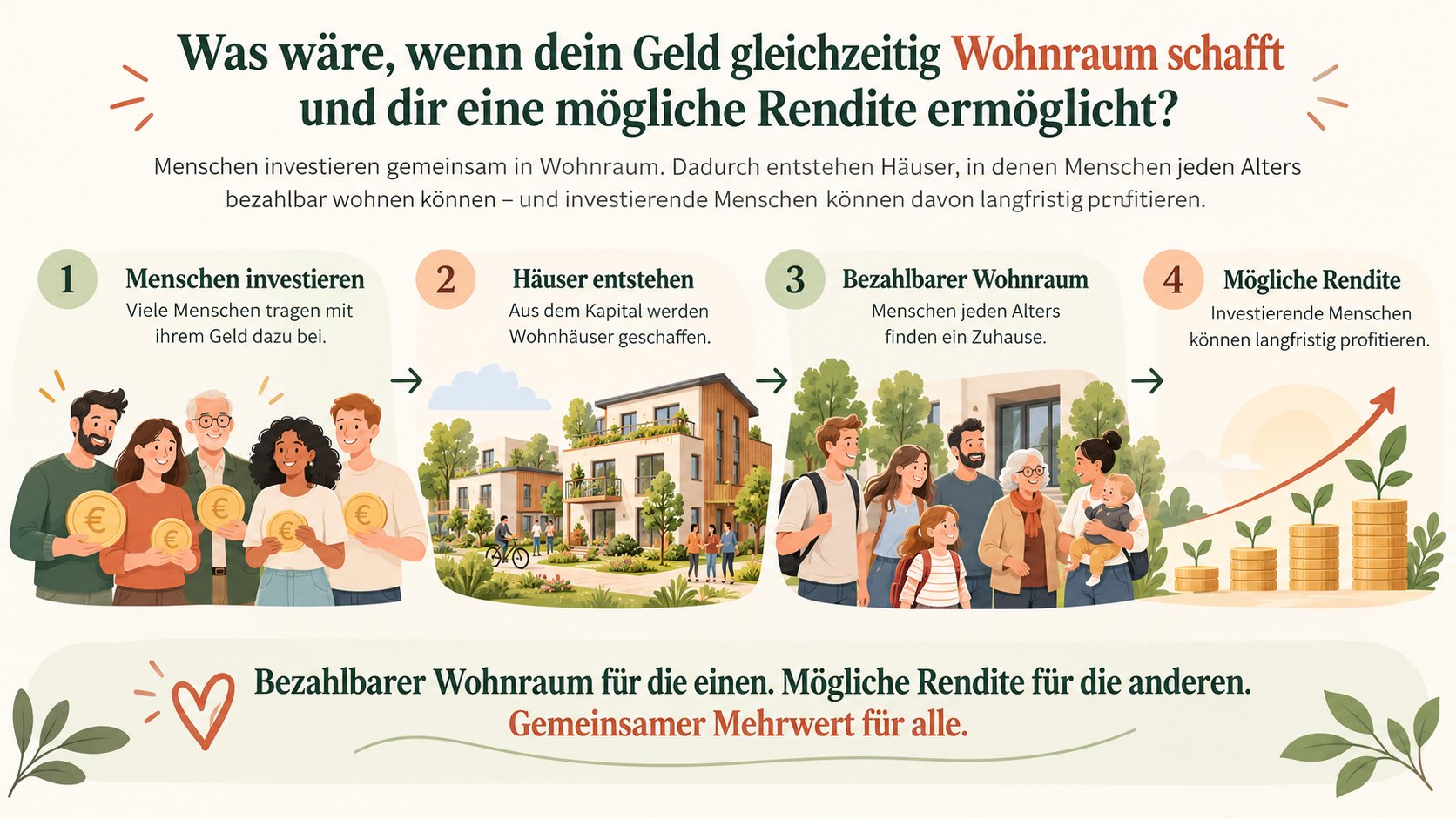 Infografik: Menschen investieren gemeinsam in Wohnraum. Dadurch entstehen Häuser, in denen Menschen jeden Alters bezahlbar wohnen können – und investierende Menschen können davon langfristig profitieren.